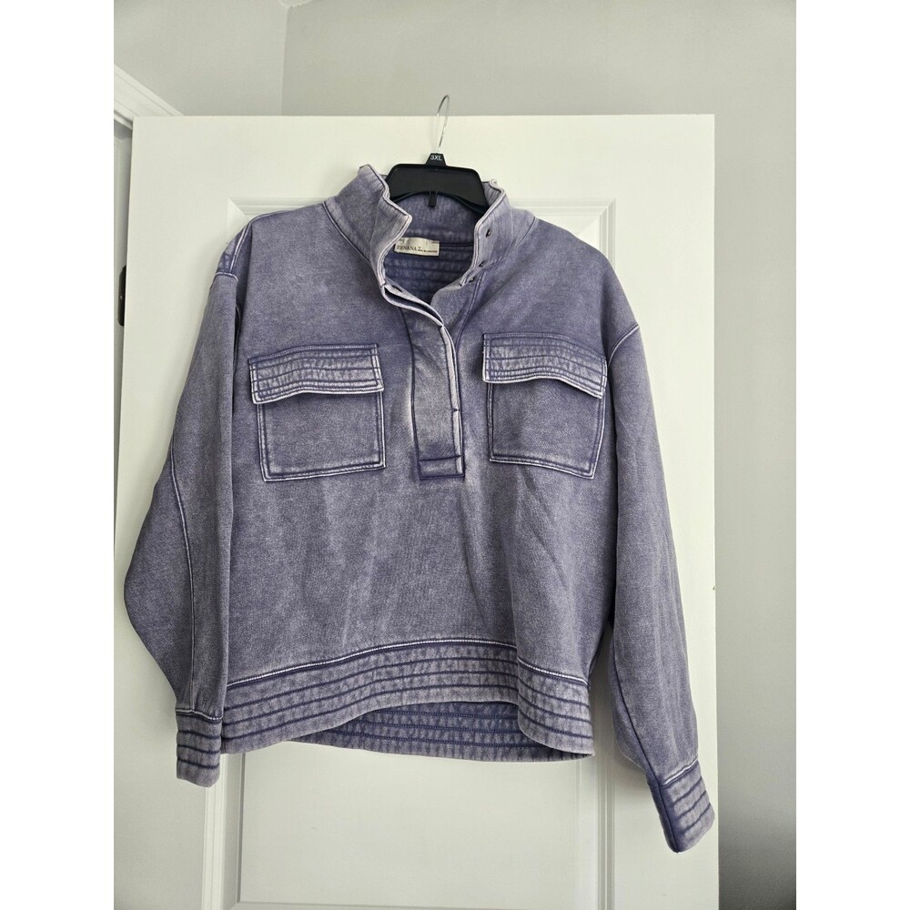 Zenana Acid Washed Half Snap Fleece Sweatshirt Med